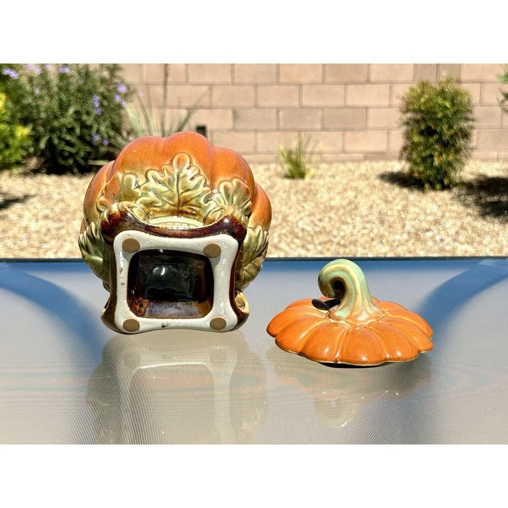 Pumpkin Ceramic Cookie Candy Jar Autumn Fall Halloween w/ Lid Orange Green Stem
